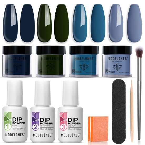 Picture of Modelones Dip Powder Nail Kit, 4 Colors Winter Blue Dipping Powder System Liquid Set with Base & Top Coat Activator for French Nail Art Manicure Salon DIY at Home