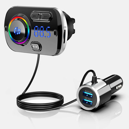 Picture of Bluetooth FM Transmitter 5.0, Bluetooth Car Adapter with Dual USB Ports QC3.0 Fast Charger, Wireless Bluetooth FM Radio Adapter MP3 Music Player with 7 Colors Support Hands-Free Calls, TF Card AUX