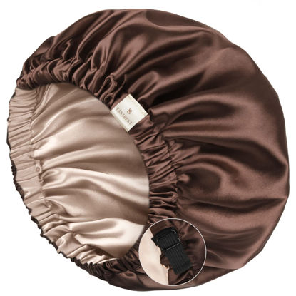 Picture of YANIBEST Satin Bonnet Sleep Bonnet Cap - Extra Large, Double Layer, Reversible, Adjustable Satin Cap for Sleeping Hair Bonnet(Large,Brown)