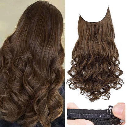 Invisible Wire Hair Extensions with Transparent Wire Adjustable Size 4  Secure Clips Long Wavy Secret Hairpiece (24 Inch, Light Brown mix Highlight