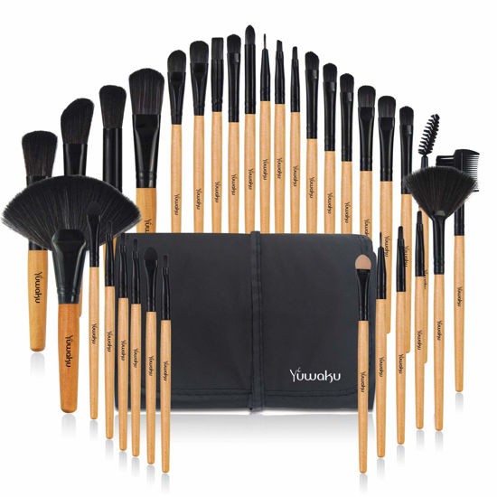 Picture of Beige Makeup Brush, Yuwaku 32pcs Wooden Make Up Brushes Set, Premium Synthetic Soft Bristles Kabuki Foundation Powder Eyeshadow Eyeliner Blush Concealer Brush Kit with Nylon Bag