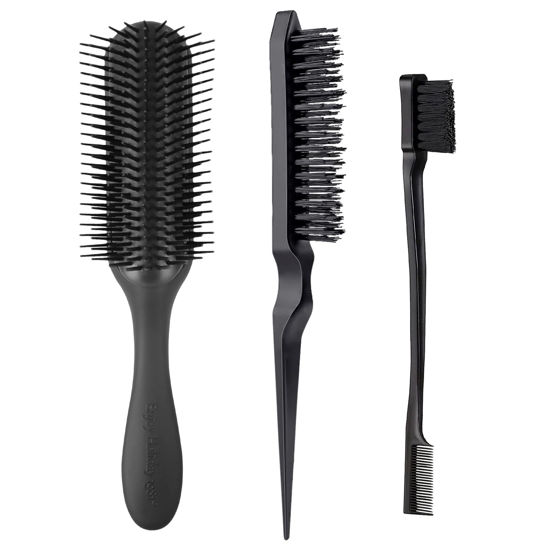 Picture of Hair Brush for Curly Hair Classic Styling Brushes with Edge Comb 9 Row 3 Row for Women Men Bristle for Natural Thick Hair Detangling, Separating, Shaping Defining Curls Travel Hairbrush 3 Packs