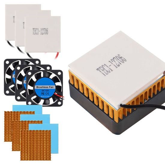 Picture of ALAMSCN 3 Sets TEC1-12706 Semiconductor Refrigeration 12V 6A Heatsink Thermoelectric Cooler Cooling Peltier Plate + Aluminum Heatsink + 12V Cooling Fan