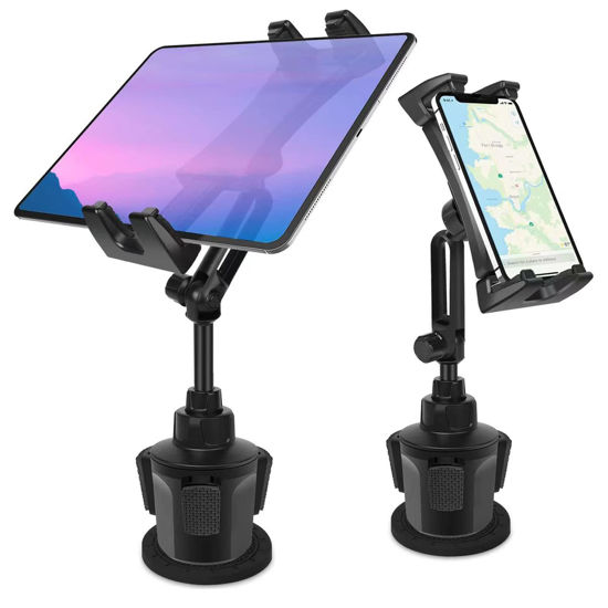 Picture of Car Cup Holder Tablet Mount & Phone Cradle Stand Truck for iPad Pro 9.7, 11, 12.9 Air Mini 5 4 3 2, Samsung Galaxy Tabs, iPhone 13 12 Pro, 4.7"-12.9" Smartphone Tab, Adjustable Long Arm, 360º Rotating