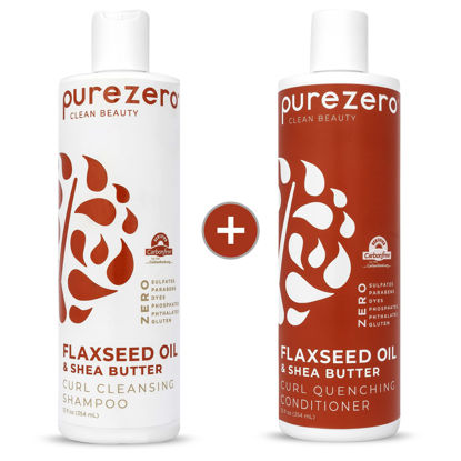 Picture of Purezero Flaxseed Oil & Shea Butter Shampoo and Conditioner Set - Curl Care - For Curly Hair Detangle & Defrizz - Zero Sulfates/Parabens/Dyes -100% Vegan & Cruelty Free - Great For Color Treated Hair