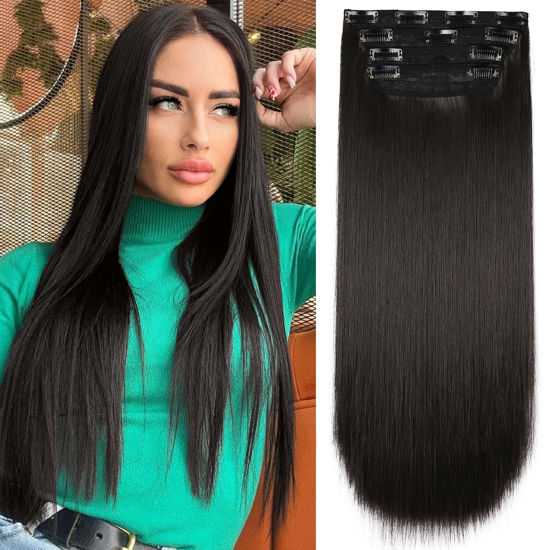 Picture of Straight Hair Extensions Natural Black 4Pcs Clip in Hair Extensions Soft Extensions for Women 20 Inches Thick Hair Extensions Clip In(4pcs, 20Inch, 2#)