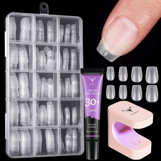 Picture of Ejiubas Gel Nail Kit, Nail Tips and Gel Kit with 15ML Solid Gel, 300PCS Extra Short Coffin Soft Gel Nail Tips with Portable Nail Lamp, DIY Nail Art Tools Gel Nail Extension Kit