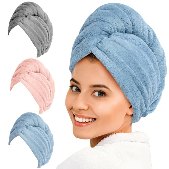 Picture of YFONG Thicker Hair Drying Towels, Hair Towels with Buttons, More Absorbent Microfiber Hair Towels for Curly Hair, Fast Drying Hair Wraps for Women and Girls, Microfiber Towels for Hair