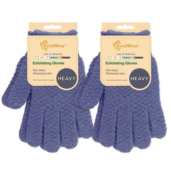 Picture of Evridwear Exfoliating Dual Texture Bath Gloves for Shower, Spa, Massage and Body Scrubs, Dead Skin Cell Remover, Gloves with Hanging Loop (2 Pairs Heavy)