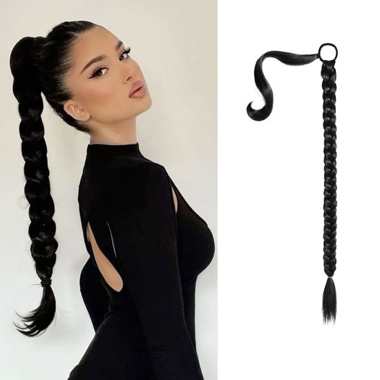 Picture of SEIKEA Upgraded Long Braid Ponytail Extension with Elastic Tie Straight Sleek Wrap Around Braid Hair Extensions Ponytail Black 20 Inch (After Braided 16 Inch) 110 Gram