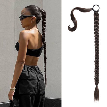 Picture of SEIKEA Upgraded Long Braid Ponytail Extension with Elastic Tie Straight Sleek Wrap Around Braid Hair Extensions Ponytail Natural Soft Synthetic Hairpiece Black Brown 30 Inch (After Braided 27 Inch)