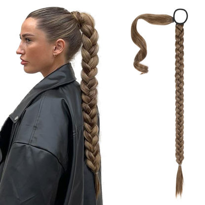 Picture of SEIKEA Upgraded Long Braid Ponytail Extension with Elastic Tie Straight Sleek Wrap Around Braid Hair Extensions Ponytail Dark Ash Blonde with Highlights 20 Inch (After Braided 16 Inch) 110 Gram