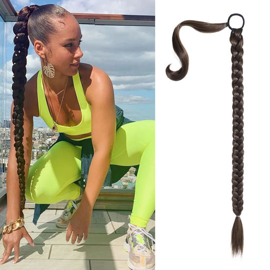 Picture of SEIKEA Upgraded Long Braid Ponytail Extension with Elastic Tie Straight Sleek Wrap Around Braid Hair Extensions Ponytail Dark Chocolate Brown 34 Inch (After Braided 30 Inch)