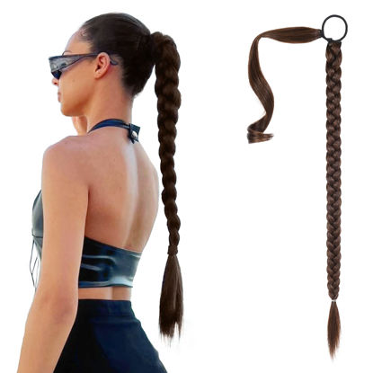 Picture of SEIKEA Upgraded Long Braid Ponytail Extension with Elastic Tie Straight Sleek Wrap Around Braid Hair Extensions Ponytail Dark Brown with Copper Highlights 26 Inch (After Braided 23 Inch)