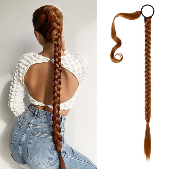 Picture of SEIKEA Upgraded Long Braid Ponytail Extension with Elastic Tie Straight Sleek Wrap Around Braid Hair Extensions Ponytail Copper Red 34 Inch (After Braided 30 Inch)