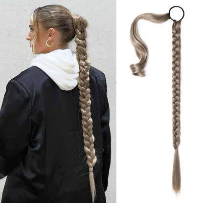 Picture of SEIKEA Upgraded Long Braid Ponytail Extension with Elastic Tie Straight Sleek Wrap Around Braid Hair Extensions Ponytail Ash Brown 34 Inch (After Braided 30 Inch)