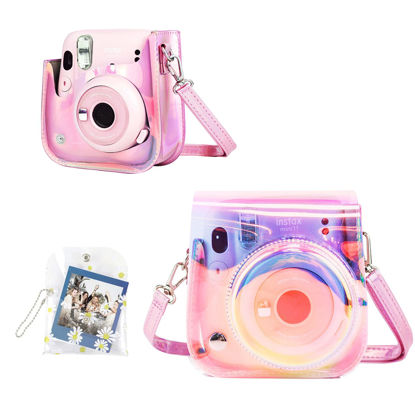 Picture of CAIYOULE Protective Case for Fujifilm Instax Mini 12/11/9/8 Camera Waterproof PVC Bag with Adjustable Shoulder Strap and Mini Photo Storage Pocket (Transparent Pink)