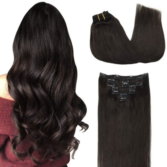 Picture of GOO GOO Clip-in Hair Extensions for Women, Soft & Natural, Handmade Real Human Hair Extensions, Dark Brown, Long, Straight #2, 7pcs 135g 26 inches