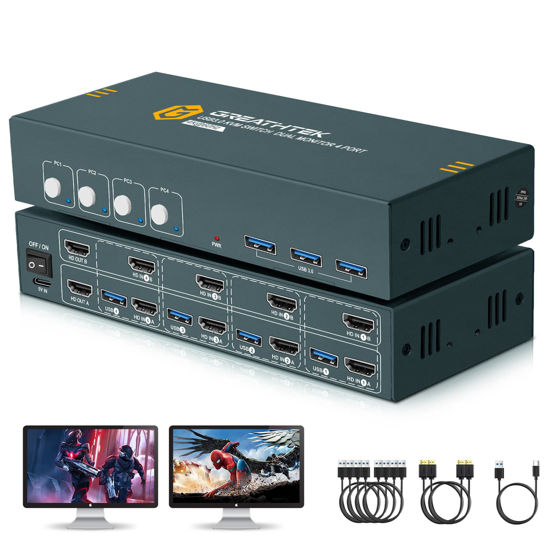 Picture of HDMI KVM Switch 4 Computers 2 Monitors,USB3.0 4 Port Dual Monitors Kvm Switch Support 4k@60HZ Resolution,Adaptive EDID,Plug and Play,4 in 2 Out KVM Switch 2 Monitors 4 Computers