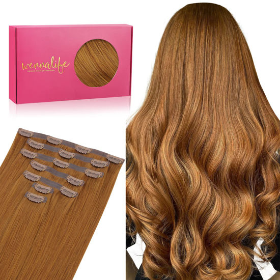 Picture of WENNALIFE Seamless Clip In Hair Extensions Human Hair, 20 Inch 150g 7pcs Auburn Ginger Real Hair Extensions Clip in Human Hair Invisible PU Skin Weft Natural Remy Human Hair Extensions