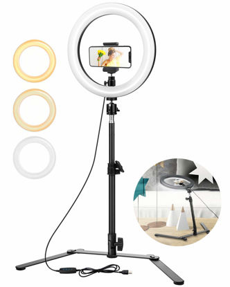 Picture of Selfie Ring Light with Tripod & Cell Phone Holder, 10" Dimmable Desk Makeup Ring Light, with 3 Light Modes 10 Level, Zoom Ring Light for Live SLive Streaming, YouTube Videos and Photography