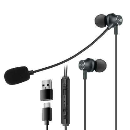 Picture of ChanGeek 3-in-1 Mini Computer Headset, USB Earbuds with Boom Mic, USB-C and USB-A Connectivity for Smartphones Tablets Laptop & Desktop PC, Lightweight Headphones Ideal for All-Day Use, 4.9FT, CGS-W9