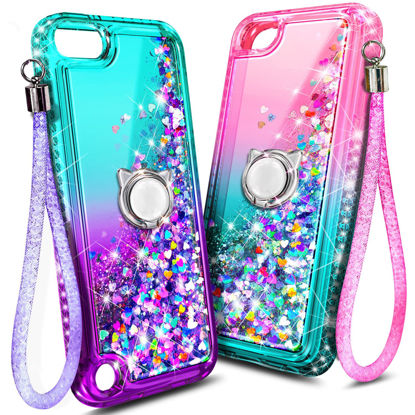 Picture of NGB Supremacy Compatible with iPod Touch 7/iPod Touch 6/5 Case [2 Pack] with HD Screen Protector and Ring Holder/Wrist Strap for Girls Women Kids, Glitter Liquid Cute Case (Aqua/Purple, Pink/Aqua)