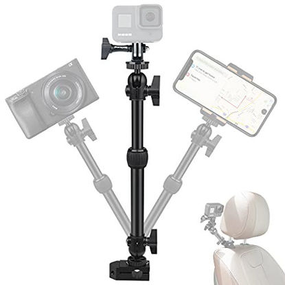 Picture of Adjustable Action Camera Phone Car Headrest Mount Driver Cab Video Recording Holder Rig w/ Dual Ball Head Extendable Arm for GoPro Insta360 Akaso iPhone Smartphone YouTube Tiktok Creator