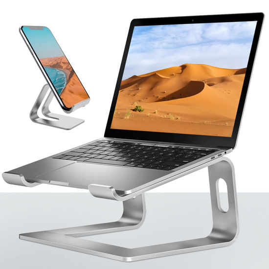 Picture of VECOFO Laptop Stand for Desk，Aluminum Laptop Riser for All Laptop Stands 10-17 inches,Include A Cell Phone Stand(Silver)