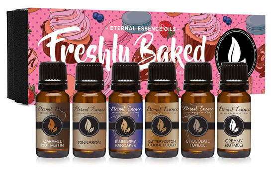 Picture of Eternal Essence Oils Freshly Baked Premium Fragrance Oils Set - Scents Including Blueberry Pancakes, Caramel Nut Muffin, Butterscotch Cookie Dough, Cinnabon, Chocolate Fondue, Creamy Nutmeg (6 Pack)