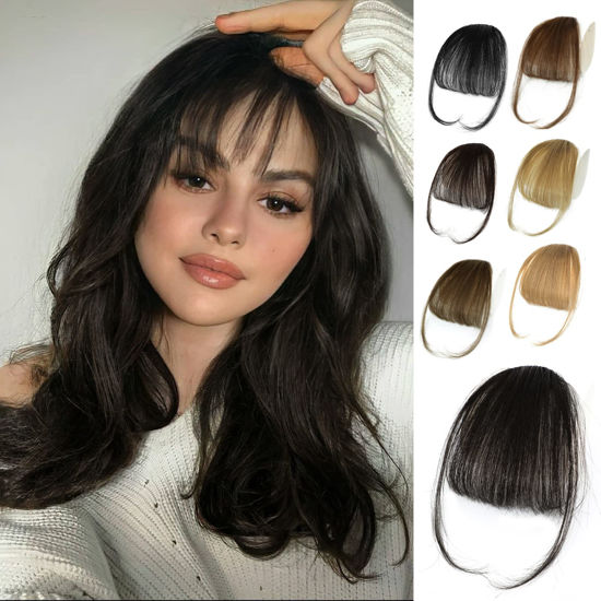 Picture of NAYOO Clip in Bangs - 100% Human Hair Wispy Bangs Clip in Hair Extensions, Brown Black Air Bangs Fringe with Temples Hairpieces for Women Curved Bangs for Daily Wear