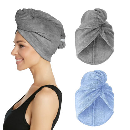 Picture of Turbie Twist Microfiber Hair Towel Wrap for Women and Men | 2 Pack | Bathroom Essential Accessories | Quick Dry Hair Turban for Drying Curly, Long & Thick Hair (Grey, Blue)