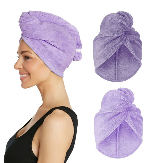 Picture of Turbie Twist Microfiber Hair Towel Wrap for Women and Men | 2 Pack | Bathroom Essential Accessories | Quick Dry Hair Turban for Drying Curly, Long & Thick Hair (Dark Purple, Light Purple)