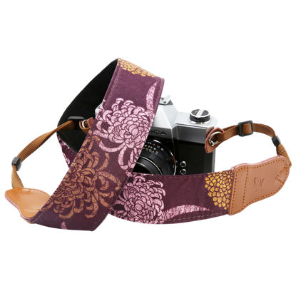 Picture of PADWA Purple Daisy Printed Camera Strap - Double Layer Cowhide Ends,2" Pure Cotton Woven Camera Straps, Adjustable Vintage Neck & Shoulder Strap for All DSLR Cameras,Great Gift for Photographers