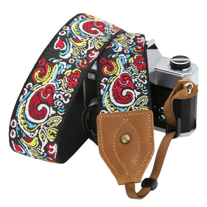 Picture of Padwa Lifestyle Camera Strap - Double Layer Full Grain Genuine Leather Cowhide Head,2 inch Wide Adjustable Vintage Jacquard Embroidered Shoulder Neck Camera Straps for Photographers Gift