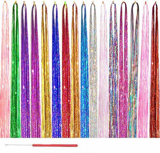 Picture of AMchoice Hair Tinsel Kit with Tools 16 Colors 8000 Strands Fairy Hair Tinsel Heat Resistant Sparkling Shiny Tinsel Hair Extensions 48 Inch Colorful Hair Tinsel strands Kit