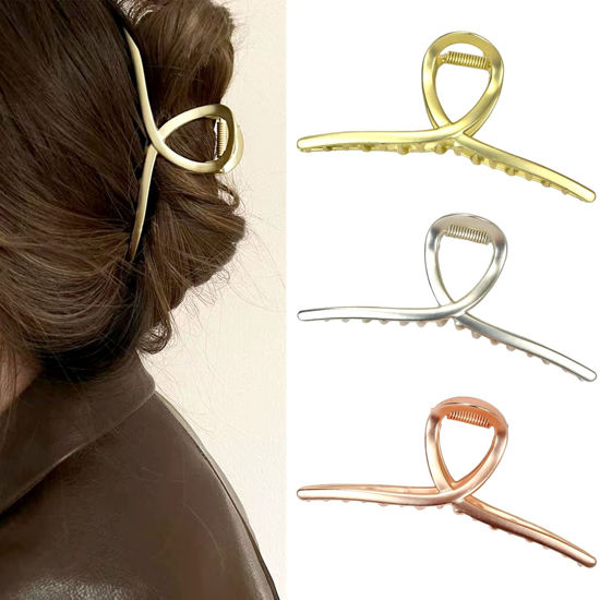 Picture of Hair Claw Clips Big Hair Claw Shark Hair Claw Barrette Matte Metal Hair Clamps Strong Hold Barrette Large Hair Accessories for Women and Girls 3 Pcs (Matte Silver, Gold, Rose Gold)