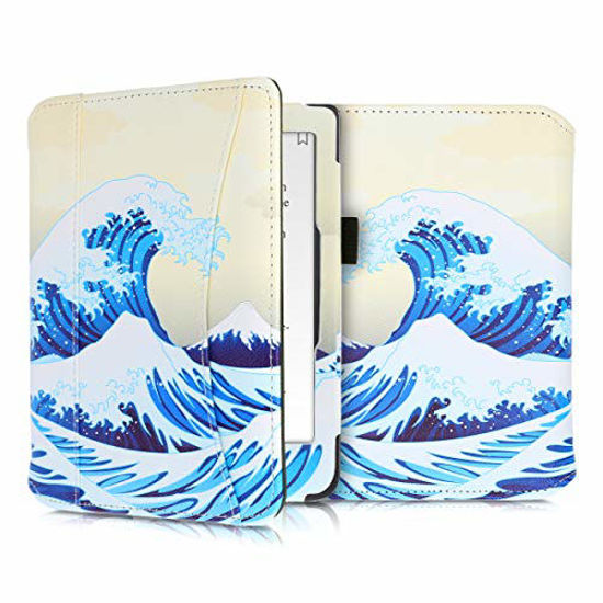 Picture of kwmobile Case Compatible with Kobo Clara HD - PU Leather Cover with Magnetic Closure, Strap, Front Pocket - Japenese Wave Blue/White/Beige