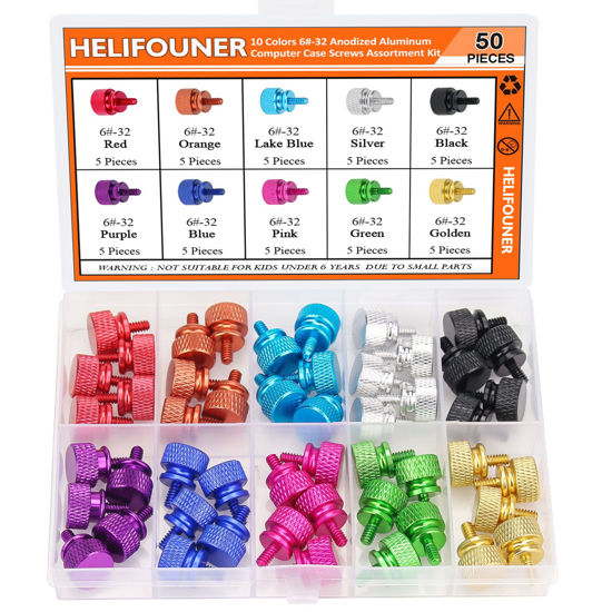 Picture of HELIFOUNER 50 Pieces 6-32 Thread Anodized Aluminum Computer Case Thumbscrews, Thumb Screws Assortment Kit for Computer Case/Cover/Power Supply/Hard Drives