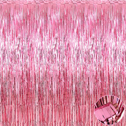 Picture of 4 Pack Pink Foil Fringe Curtain Backdrop, 3.3Ft x 9.8Ft Metallic Tinsel Foil Fringe Streamers Curtains for Photo Booth, Wedding, Bachelorette, Birthday, Valentine's Day, Carnival Party Decoration