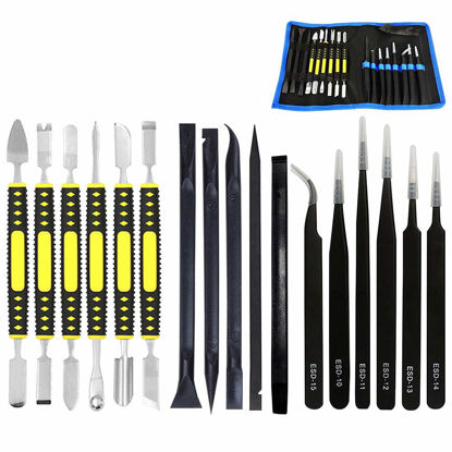 Picture of 17 in 1 Electronics Repair Tools Opening Pry Tool Kit with Dual Ends Metal Spudgers and Black Tweezers for iPad Tablets Laptop Electronics Device Mobile Phone