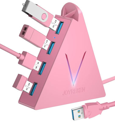 Picture of JoyReken 4-Port USB 3.0 Hub, FlyingVHUB Vertical Data USB Hub with 2 ft Extended Cable, for Mac, PC, Xbox One, PS4, PS5, iMac, Surface Pro, XPS, Laptop, Desktop, Flash Drive, Mobile HDD(Pink)