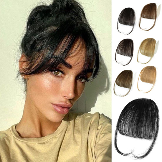 Picture of NAYOO Bangs Hair Clip in Bangs 100% Real Human Hair Extensions Natural Black Wispy Bangs Clip on Air Bangs for Women Fringe with Temples Hairpieces Curved Bangs for Daily Wear