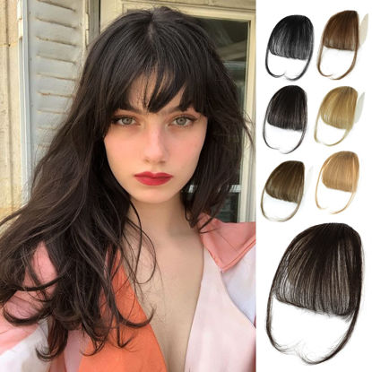 Picture of NAYOO Hair Clip in Bangs 100% Real Human Hair Extensions Dark Brown Wispy Clip on Air Bangs for Women Fringe with Temples Hairpieces Curved Bangs for Daily Wear