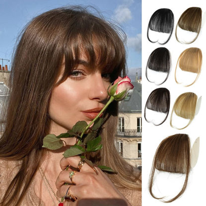 Picture of NAYOO Clip in Bangs - 100% Human Hair Extensions, Medium Brown on Wispy Fringe with Temples Hairpieces for Women Curved Daily Wear