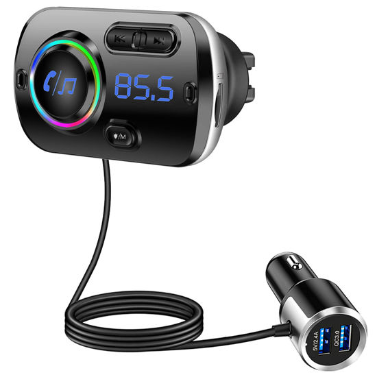 Picture of Bluetooth FM Transmitter for Car, Bluetooth 5.0 Wireless Car Adapter with QC3.0 & 5V/2.4A Dual Charging Port, Easy Attached to Air Vent, Hands Free Car Kit, Music Player (TB27), Black1