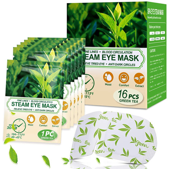 Picture of 16 Packs Steam Eye Masks for Dry Eyes, Green Tea Warm Eye Mask, Relief Eye Fatigue Hot Sleep Eye Mask for Puffy Eyes Mask, Disposable Moist Heating Compress Pads for Sleeping, Self Heated Eye Mask