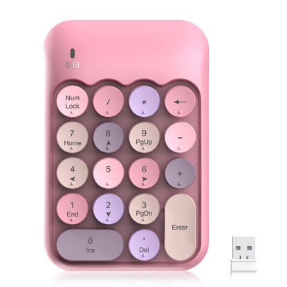 Picture of PINKCAT Wireless Number Pads, Cute 18-Round Keys Numeric Keypad with 2.4G Mini USB Receiver, Portable Silent Number Numpad Financial Accounting for Laptop, PC, Notebook, Desktop, Surface - Pink Mix