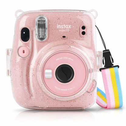 Picture of CELION Clear Mini Camera Case for Fujifilm Instax Mini 11 Instant Film Camera - Equipped with Rainbow Shoulder Strap (Glitter+Rainbow)