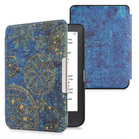 Picture of kwmobile Case Compatible with Kobo Clara HD - Case PU e-Reader Cover - Golden Mandalas Yellow/Dark Blue